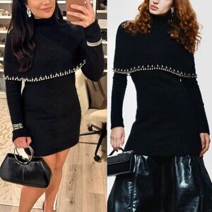 H&M NWT beaded trim black mohair knit cape detail long sleeve  mini dress